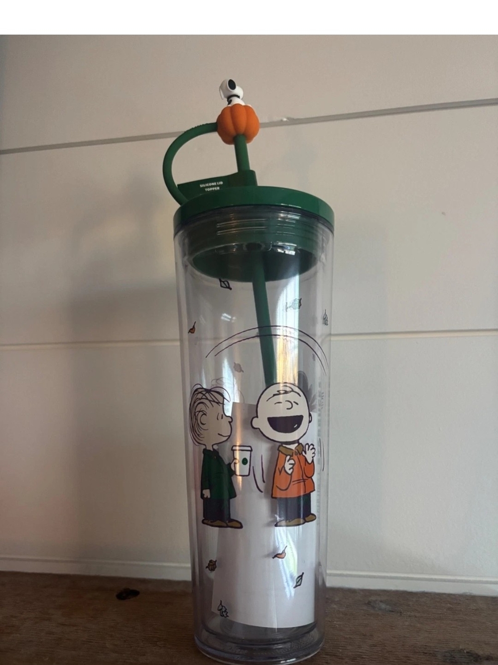 Starbucks Green & Orange Peanuts Travel Tumbler with Lid and Straw